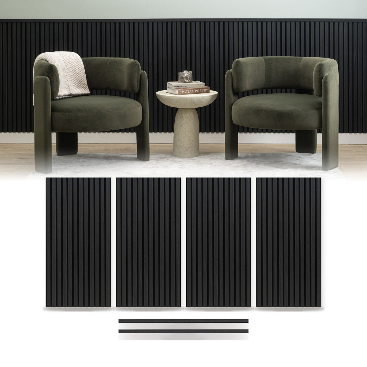 Black wainscoting panels from ZETY installed as a half wall with the top molding fitted, shown above the four 24 by 48 inch slat panels and two 48 inch molding pieces included in the pack