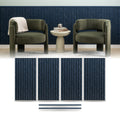 Denim blue wainscoting panels from ZETY installed as a half wall with the top molding fitted, shown above the four 24 by 48 inch slat panels and two 48 inch molding pieces included in the pack