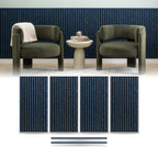 Denim blue wainscoting panels from ZETY installed as a half wall with the top molding fitted, shown above the four 24 by 48 inch slat panels and two 48 inch molding pieces included in the pack