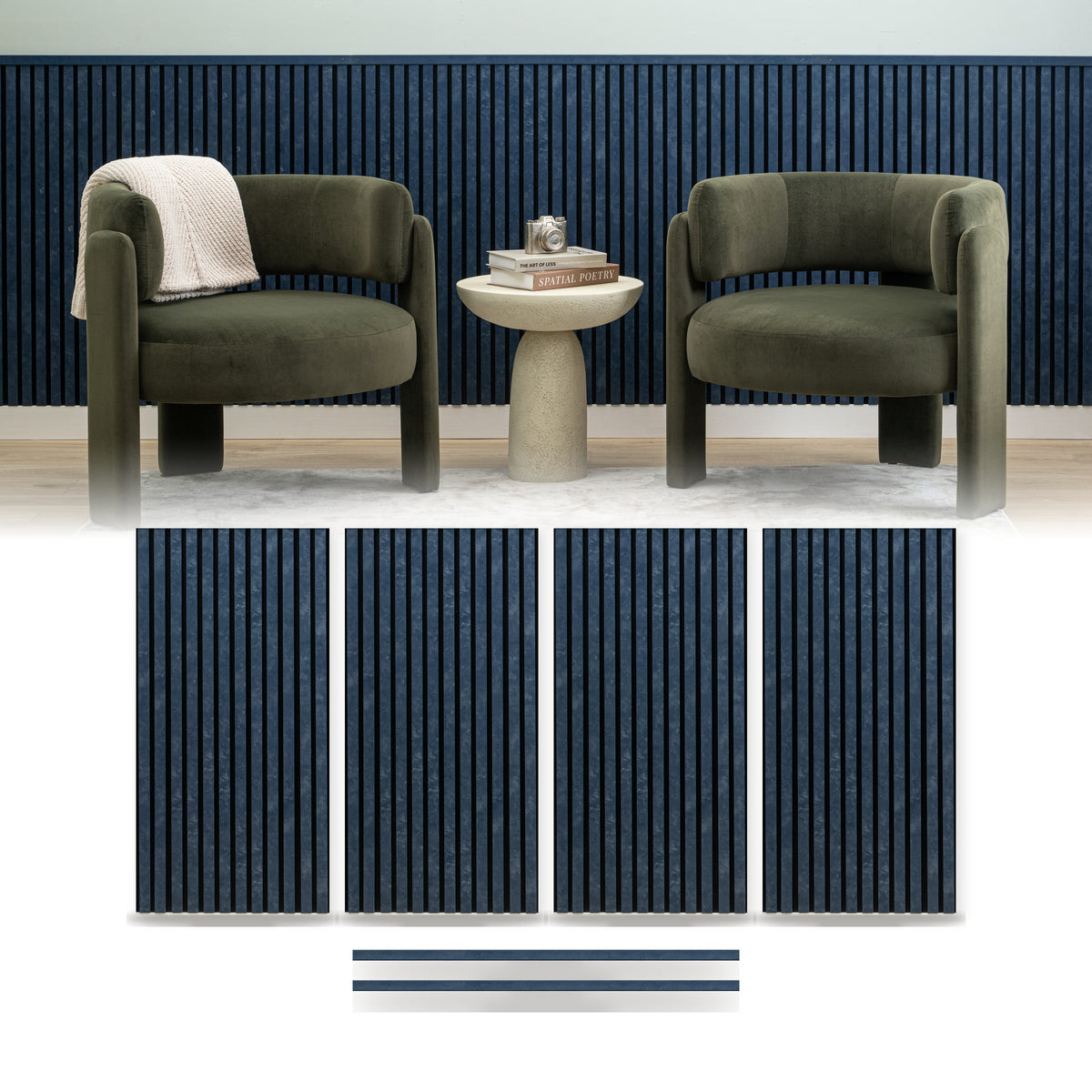 Denim blue wainscoting panels from ZETY installed as a half wall with the top molding fitted, shown above the four 24 by 48 inch slat panels and two 48 inch molding pieces included in the pack