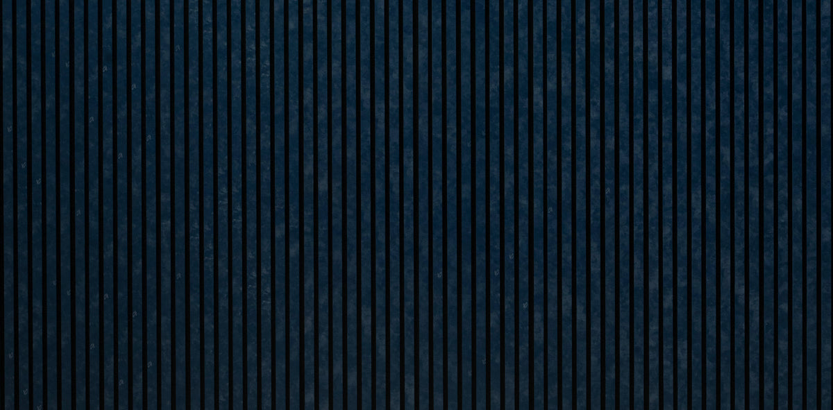 Wide detail of navy blue slat wall panel surface and slat spacing, ZETY