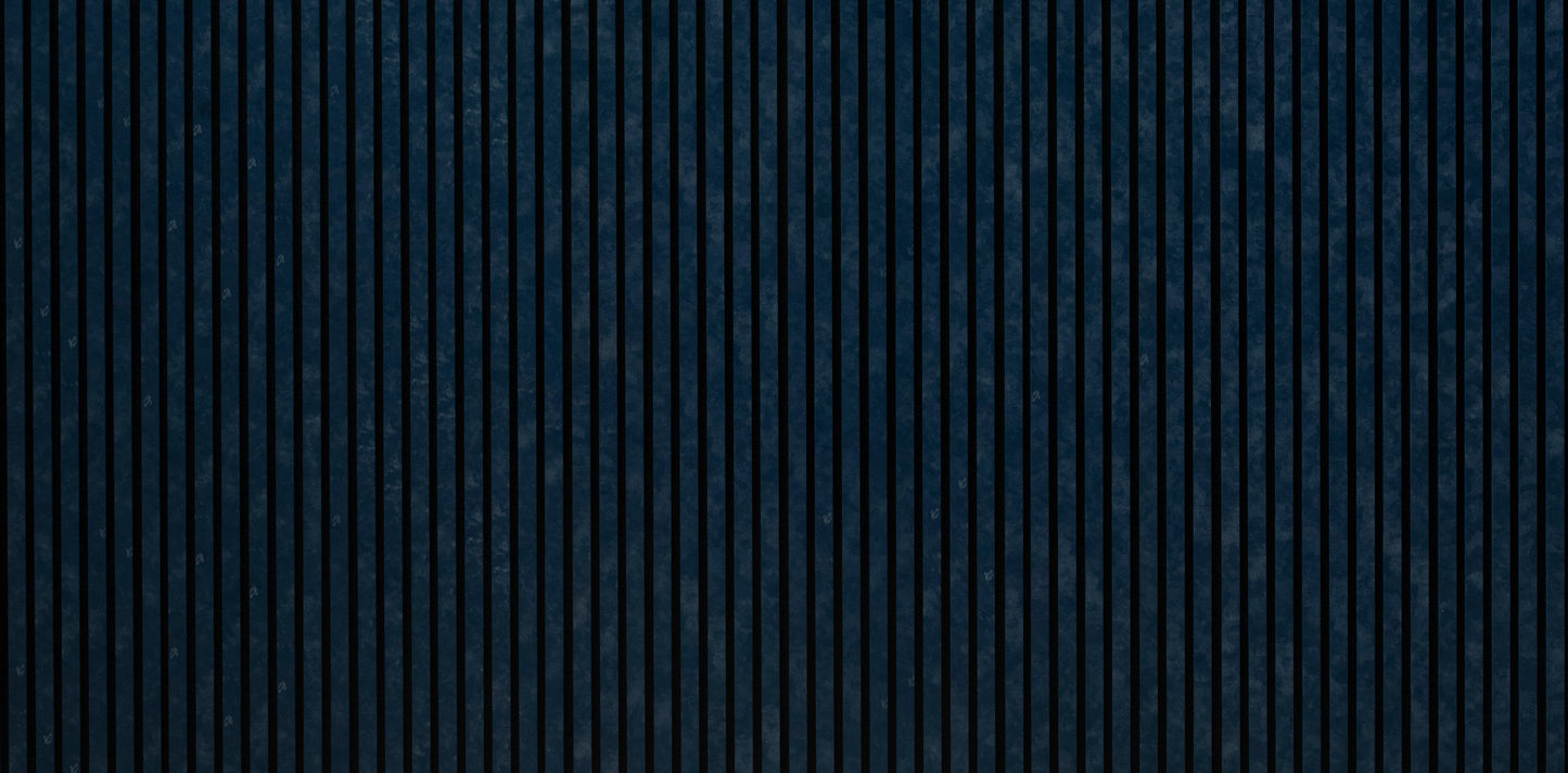 Navy blue slat wall panel detail showing 0.52 inch slat spacing, ZETY