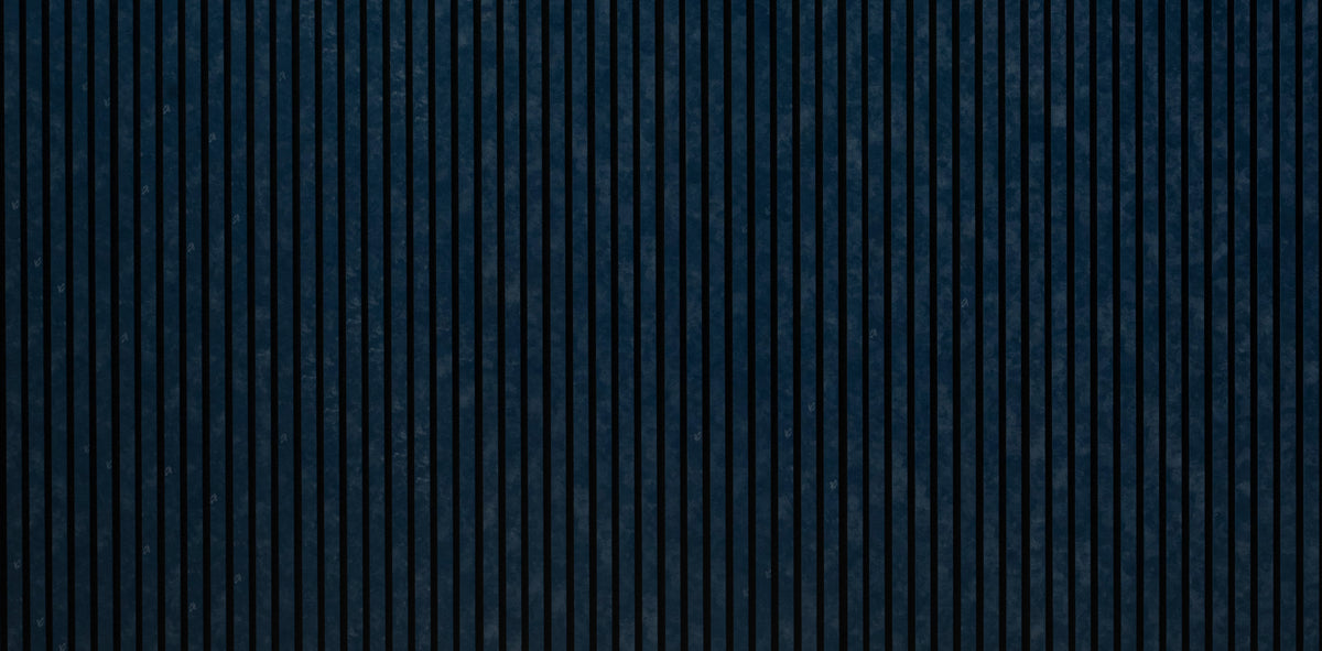 Navy blue slat wall panel detail showing 0.52 inch slat spacing, ZETY