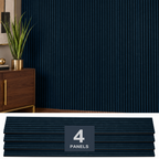 ZETY navy blue acoustic slat wall panels on a finished accent wall above the 4-panel pack, 94.5 x 12 inches