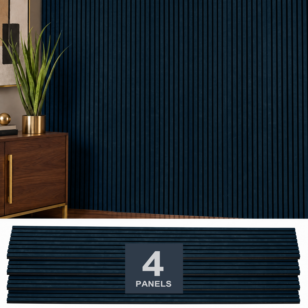 ZETY navy blue acoustic slat wall panels on a finished accent wall above the 4-panel pack, 94.5 x 12 inches
