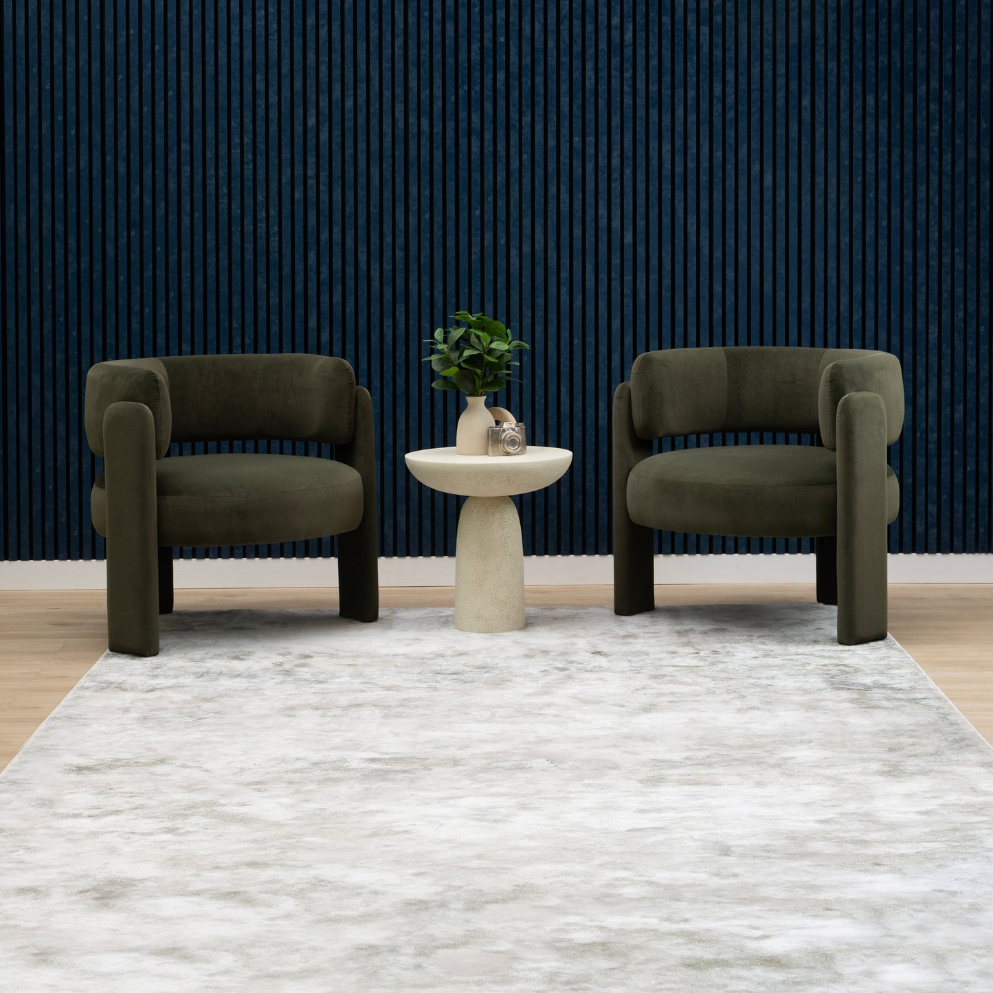 Sound-absorbing navy blue slat wood wall panels in a finished room, ZETY