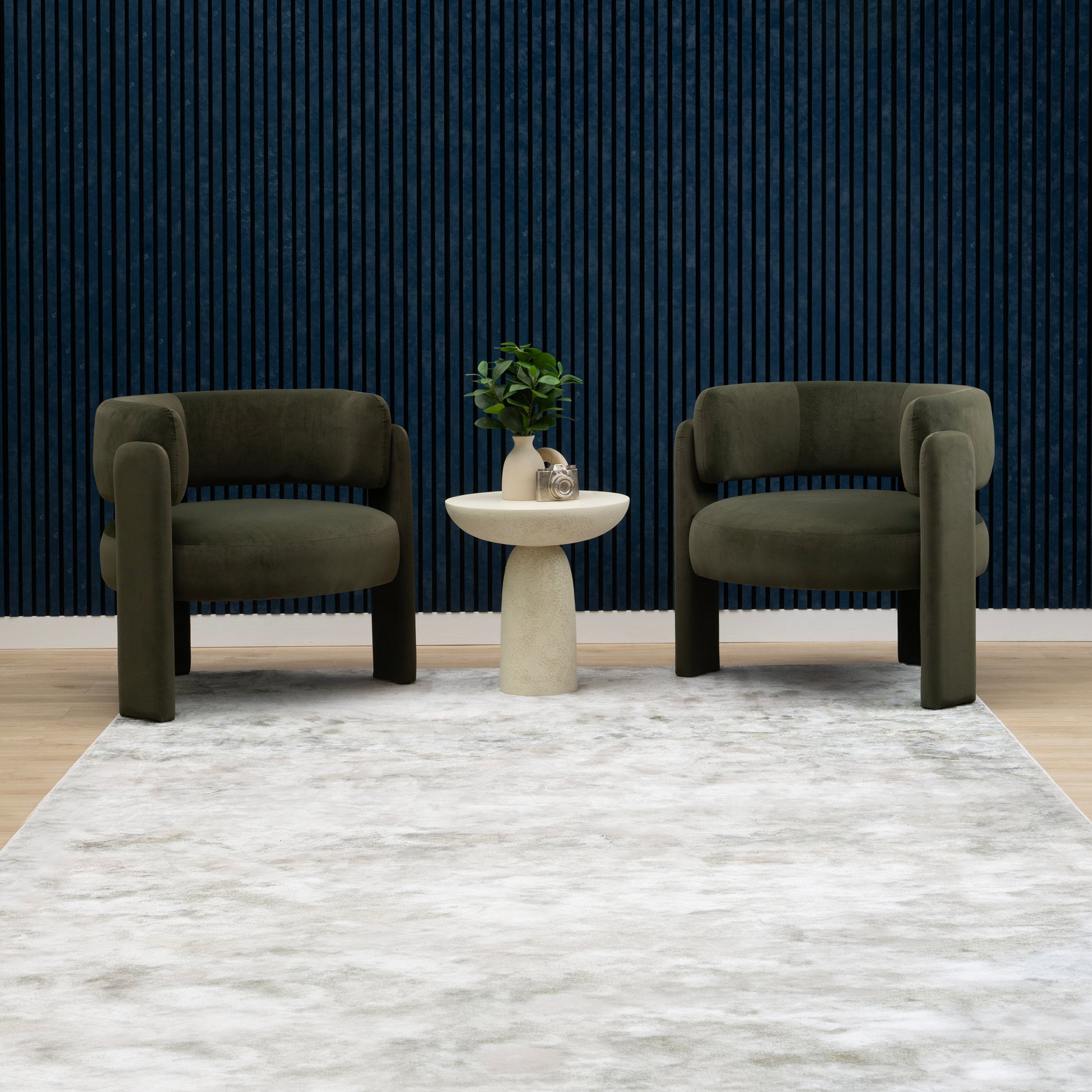 Sound-absorbing navy blue slat wood wall panels in a finished room, ZETY