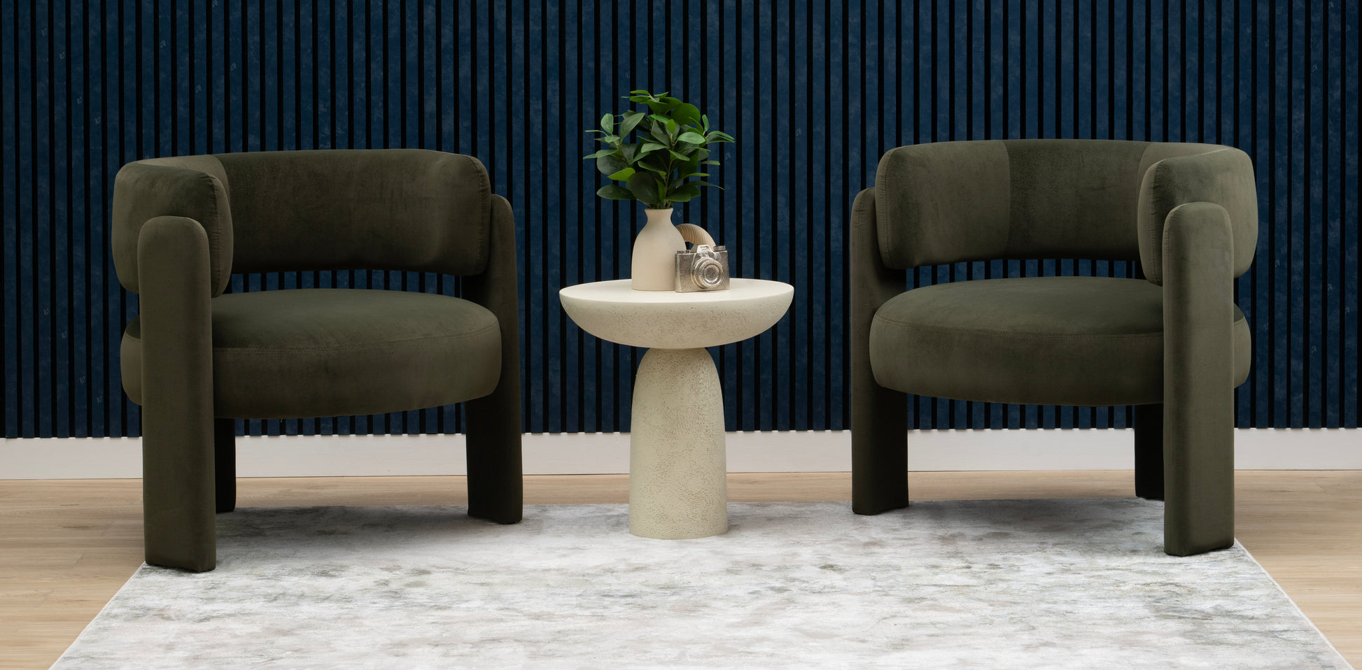 Navy blue wood slat acoustic wall panels on an accent wall, ZETY 4 pack