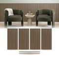 Oak wainscoting panels from ZETY installed as a half wall with the top molding fitted, shown above the four 24 by 48 inch slat panels and two 48 inch molding pieces included in the pack