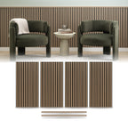 Oak wainscoting panels from ZETY installed as a half wall with the top molding fitted, shown above the four 24 by 48 inch slat panels and two 48 inch molding pieces included in the pack