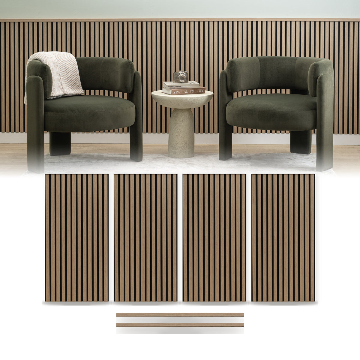 Oak wainscoting panels from ZETY installed as a half wall with the top molding fitted, shown above the four 24 by 48 inch slat panels and two 48 inch molding pieces included in the pack