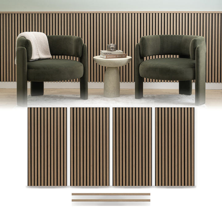 Oak wainscoting panels from ZETY installed as a half wall with the top molding fitted, shown above the four 24 by 48 inch slat panels and two 48 inch molding pieces included in the pack