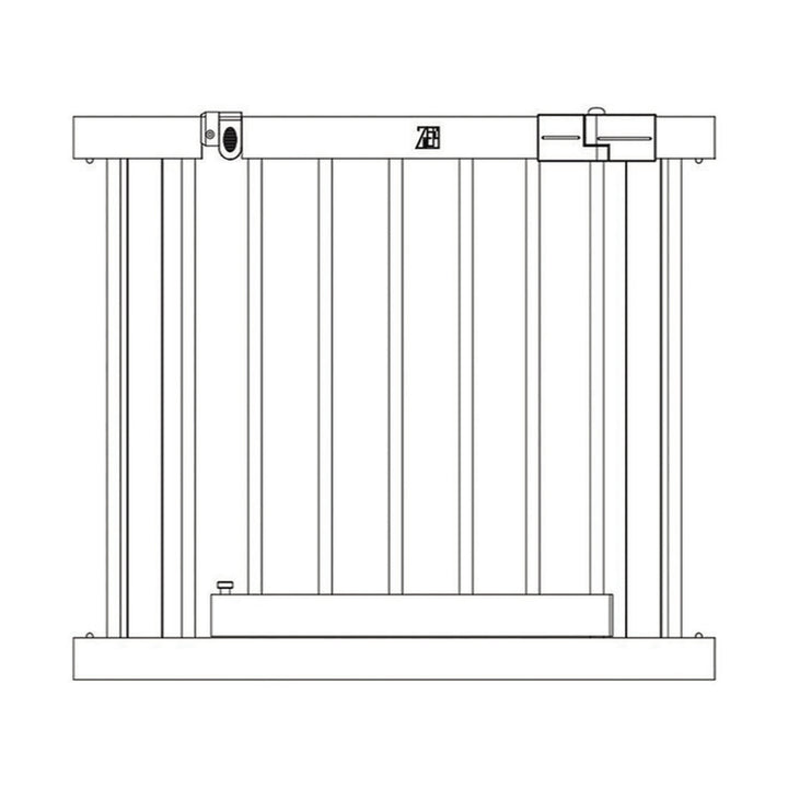 ZETY playpen door panel — line drawing, front view, with hinge and locking latch