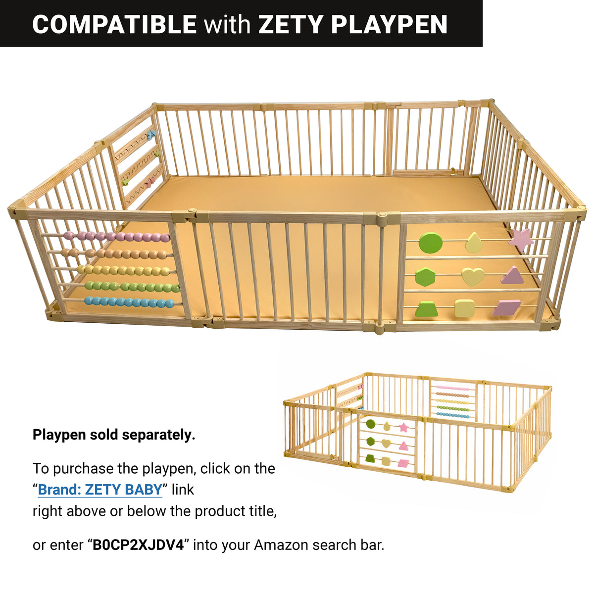 Beige PU leather play mat for a 10-panel wooden baby playpen, waterproof, ZETY