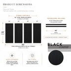 Dimensions diagram for ZETY black wainscoting panels: four 24 by 48 inch slat panels plus two 48 inch top molding pieces, 96 inch installed width