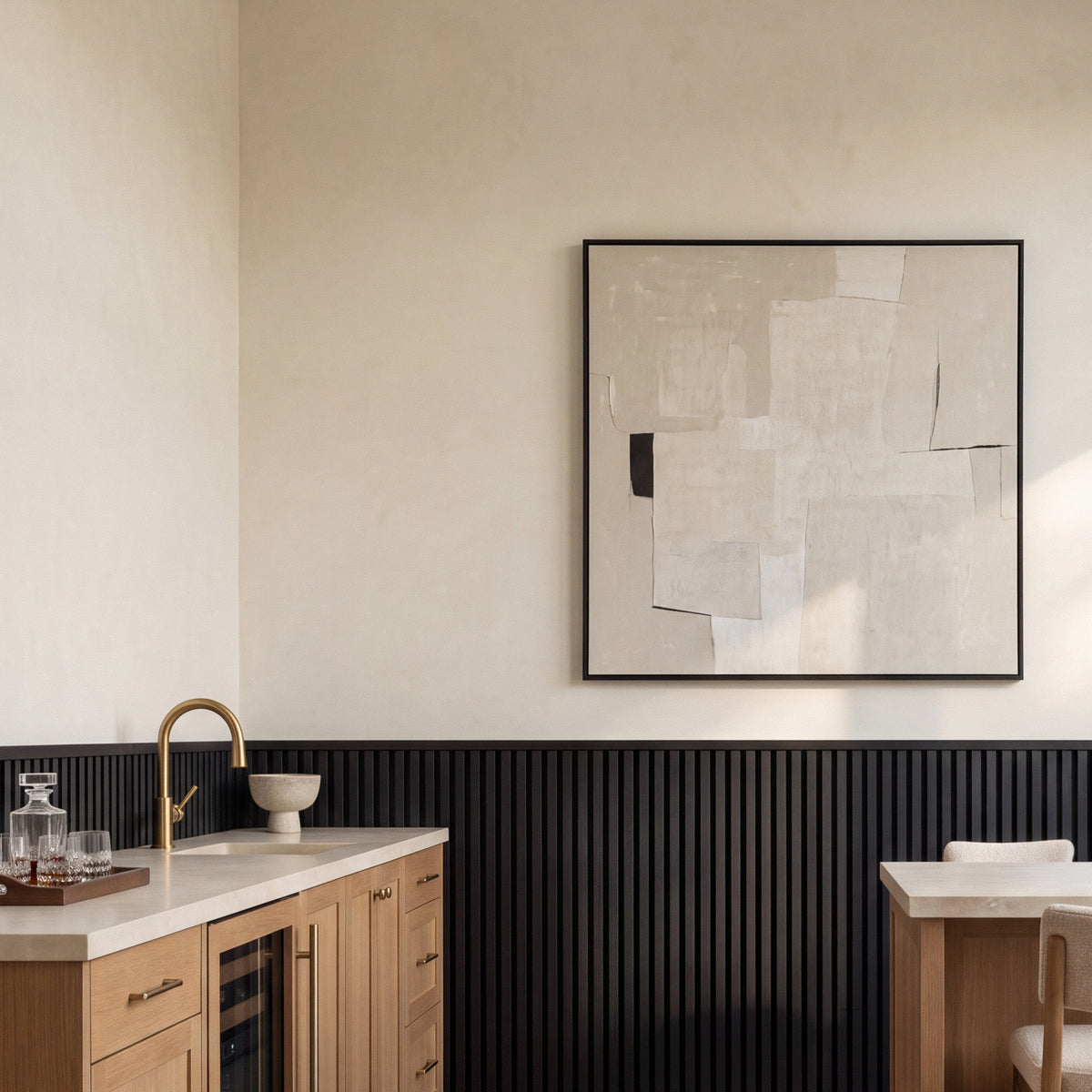 Black acoustic wainscot panels as a half-wall accent behind furniture in a living space
