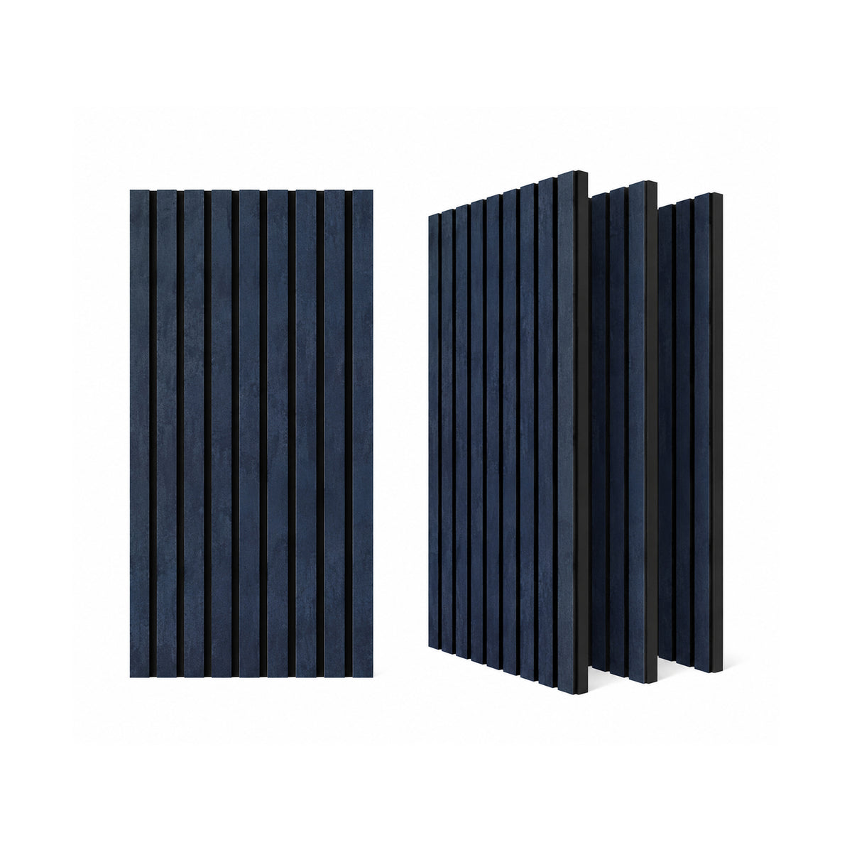 ZETY blue acoustic slat wainscoting panels, 4-pack, shown flat and angled on a white background