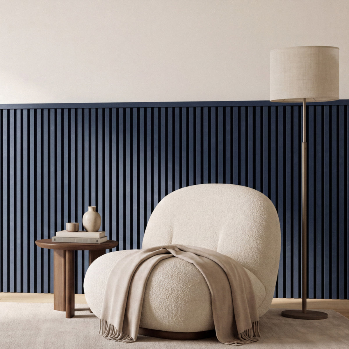 Blue slat wainscoting panels installed as half-wall paneling in a styled interior