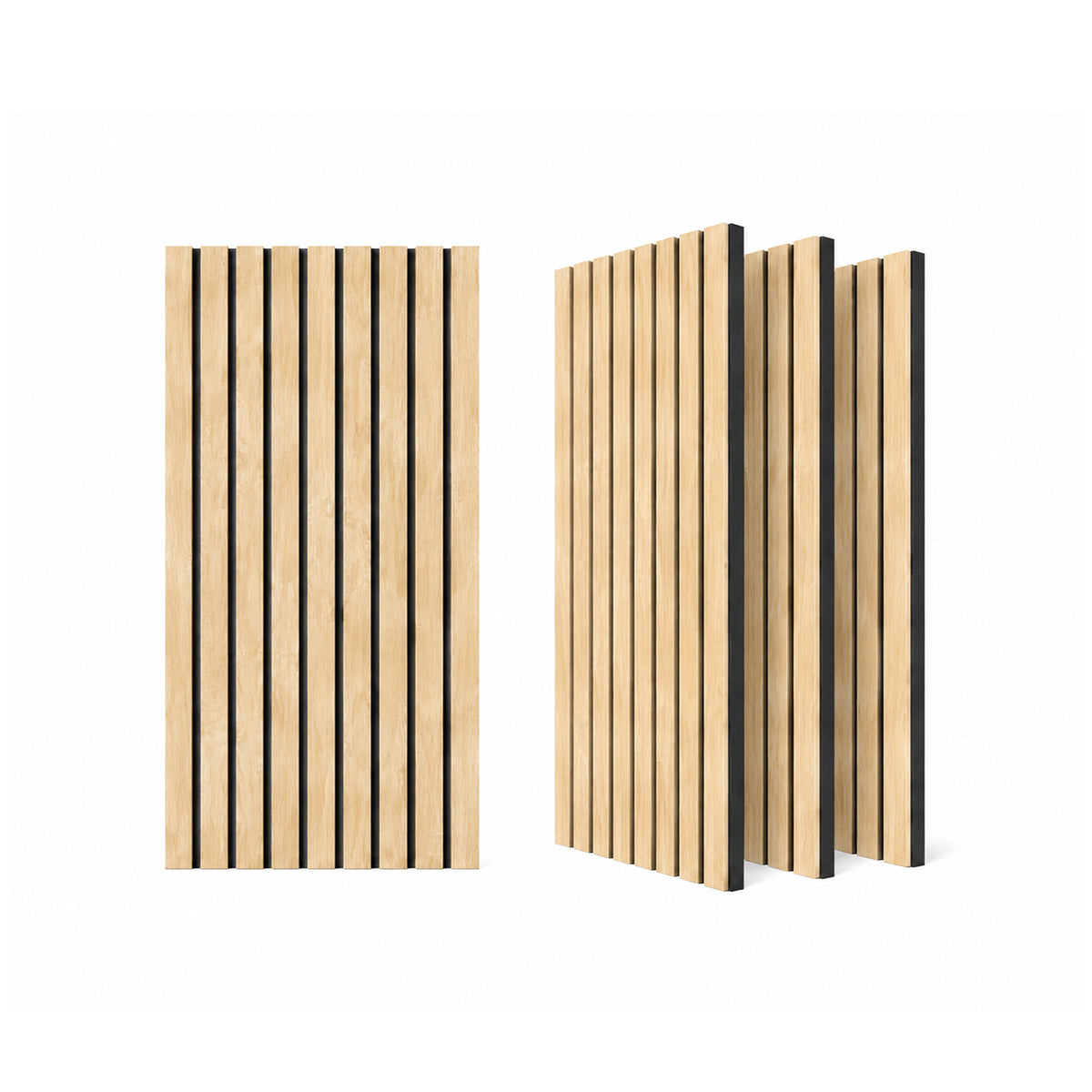 ZETY oak acoustic slat wainscoting panels, 4-pack, shown flat and angled on a white background