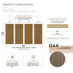 Dimensions diagram for ZETY oak wainscoting panels: four 24 by 48 inch slat panels plus two 48 inch top molding pieces, 96 inch installed width