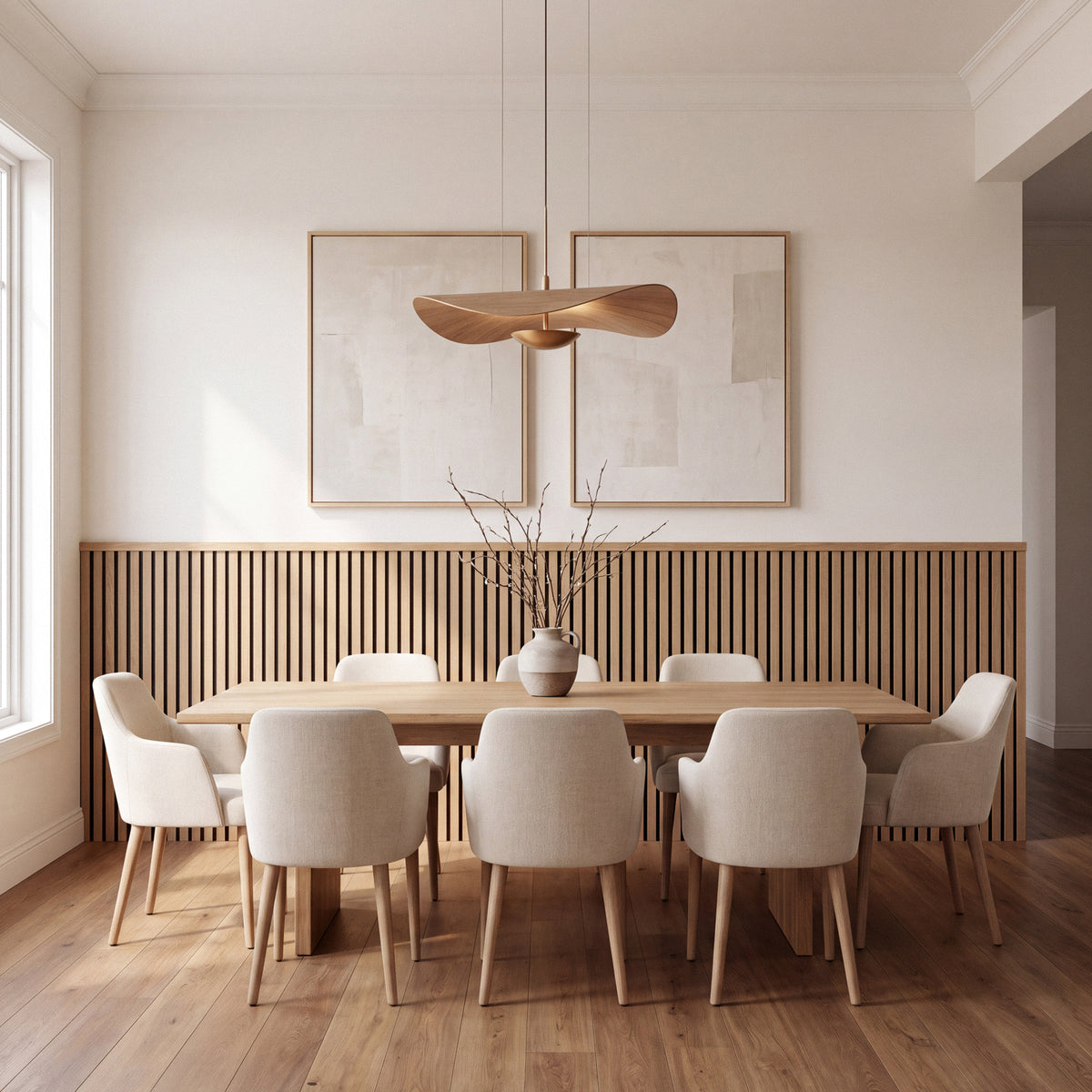 Oak slat wainscoting panels installed as half-wall paneling in a styled interior