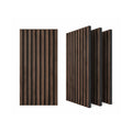ZETY walnut acoustic slat wainscoting panels, 4-pack, shown flat and angled on a white background