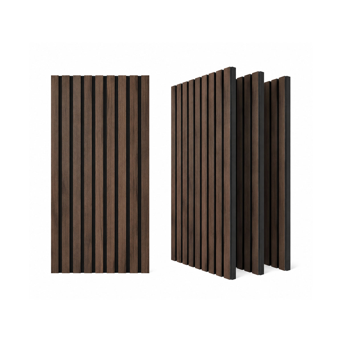 ZETY walnut acoustic slat wainscoting panels, 4-pack, shown flat and angled on a white background