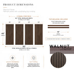 Dimensions diagram for ZETY walnut wainscoting panels: four 24 by 48 inch slat panels plus two 48 inch top molding pieces, 96 inch installed width