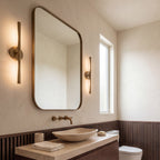 Walnut acoustic wainscot panels as a half-wall accent behind furniture in a living space