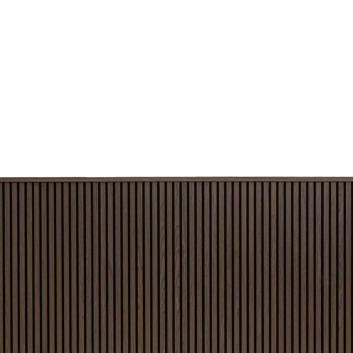 Walnut wainscot slat panels finished with top molding against a white upper wall