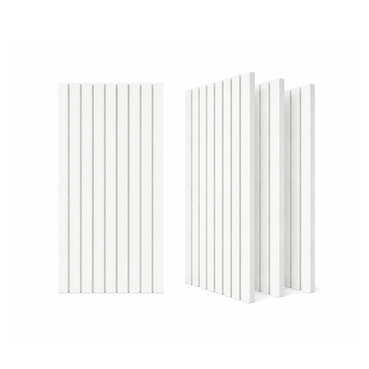 ZETY white acoustic slat wainscoting panels, 4-pack, shown flat and angled on a white background