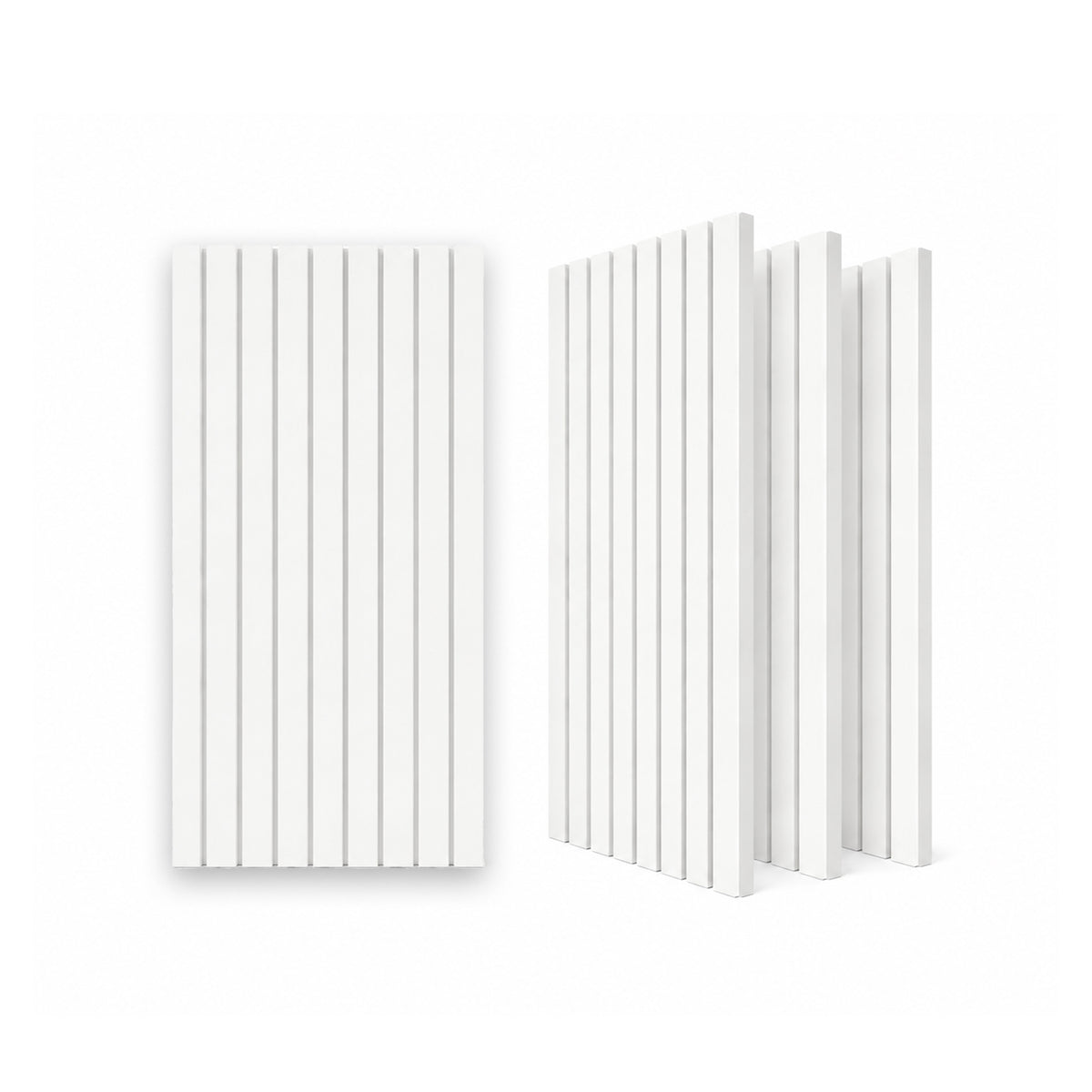 White slat wainscoting panels from ZETY shown as a 4-pack with soft shadow