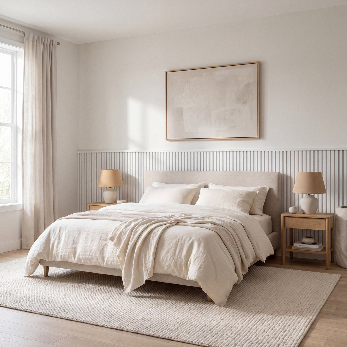 White slat wainscoting panels installed as half-wall paneling in a styled interior