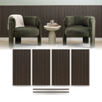 Walnut wainscoting panels from ZETY installed as a half wall with the top molding fitted, shown above the four 24 by 48 inch slat panels and two 48 inch molding pieces included in the pack
