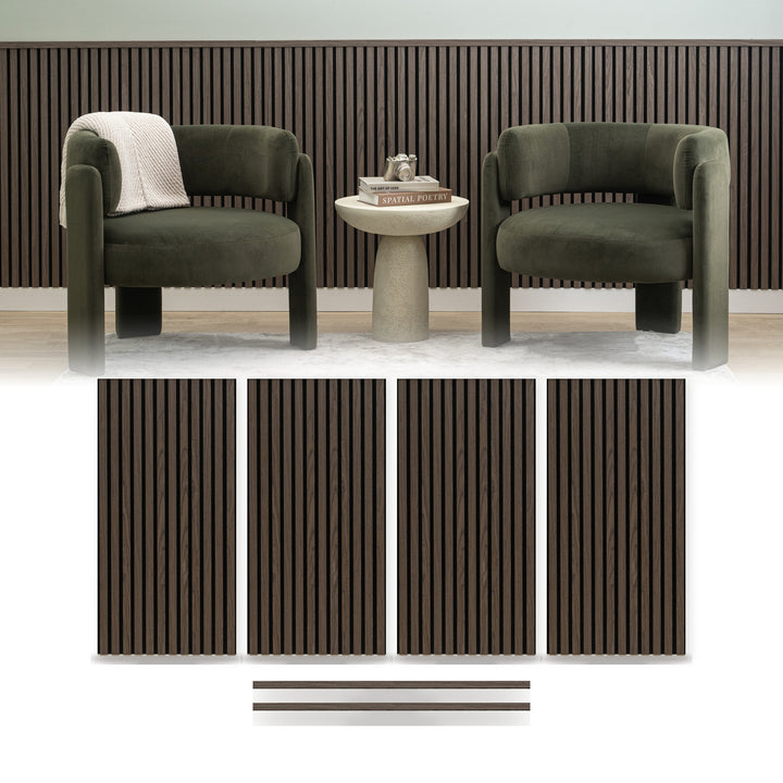 Walnut wainscoting panels from ZETY installed as a half wall with the top molding fitted, shown above the four 24 by 48 inch slat panels and two 48 inch molding pieces included in the pack