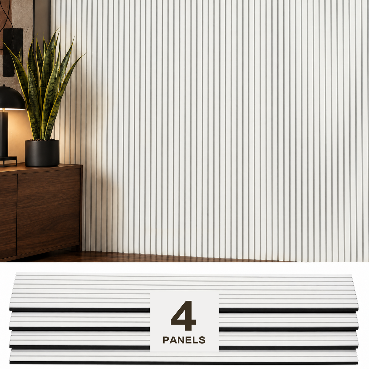 ZETY white acoustic slat wall panels on a finished accent wall above the 4-panel pack, 94.5 x 12 inches