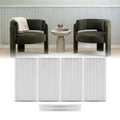 White wainscoting panels from ZETY installed as a half wall with the top molding fitted, shown above the four 24 by 48 inch slat panels and two 48 inch molding pieces included in the pack