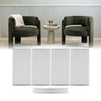 White wainscoting panels from ZETY installed as a half wall with the top molding fitted, shown above the four 24 by 48 inch slat panels and two 48 inch molding pieces included in the pack