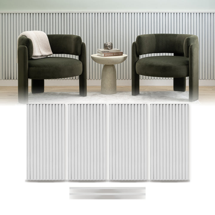 White wainscoting panels from ZETY installed as a half wall with the top molding fitted, shown above the four 24 by 48 inch slat panels and two 48 inch molding pieces included in the pack