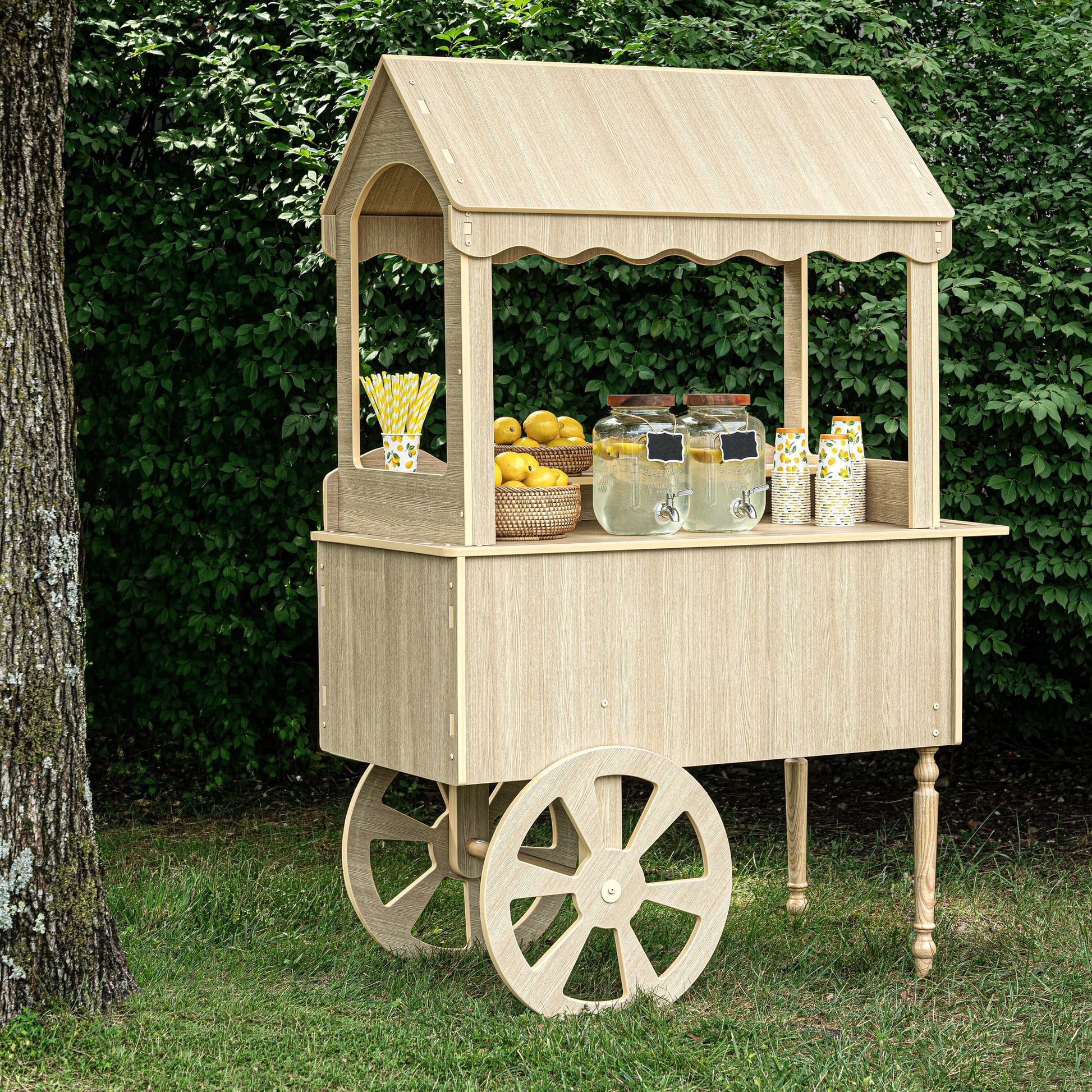 Wood candy cart set up outdoors on grass, front view with canopy and valance