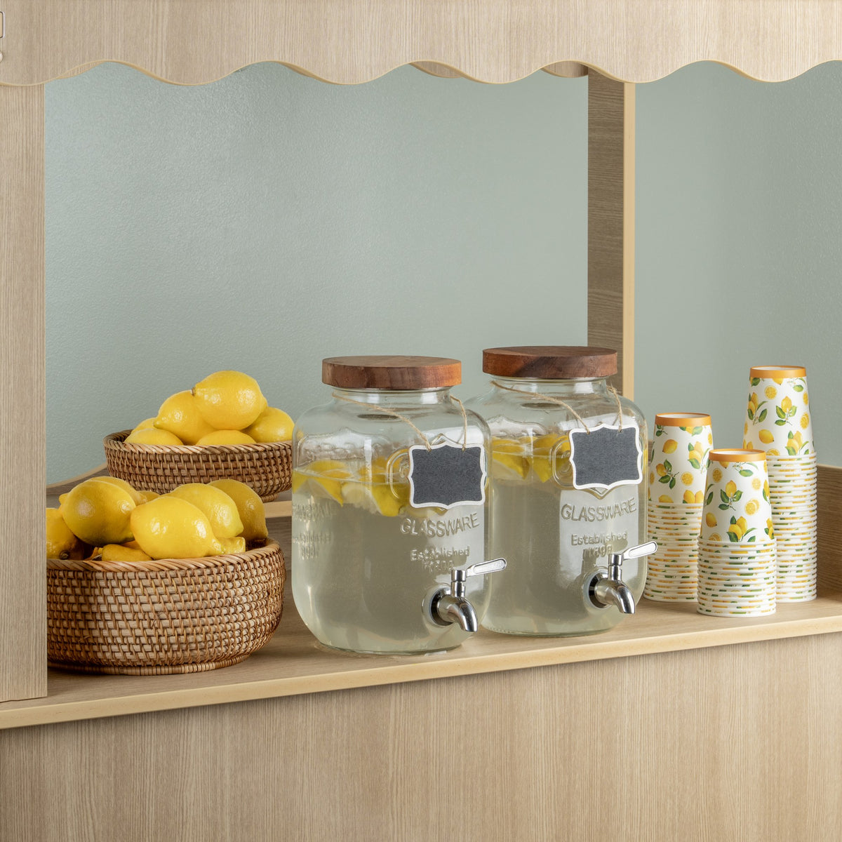 Close-up of the candy cart counter holding glass jars and candy dispensers