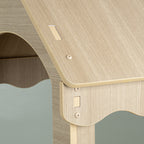 Detail of the canopy corner connector hardware on the wood-look candy cart