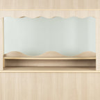 Empty wood-look candy cart counter and lower shelf against a pale wall