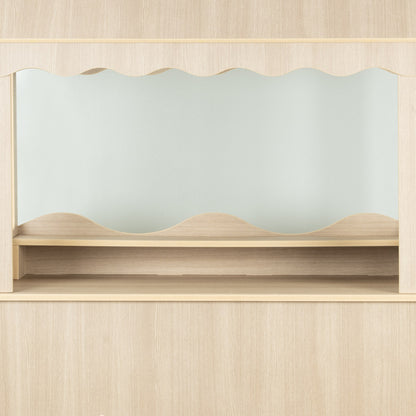 Empty wood candy cart counter and lower shelf against a pale wall