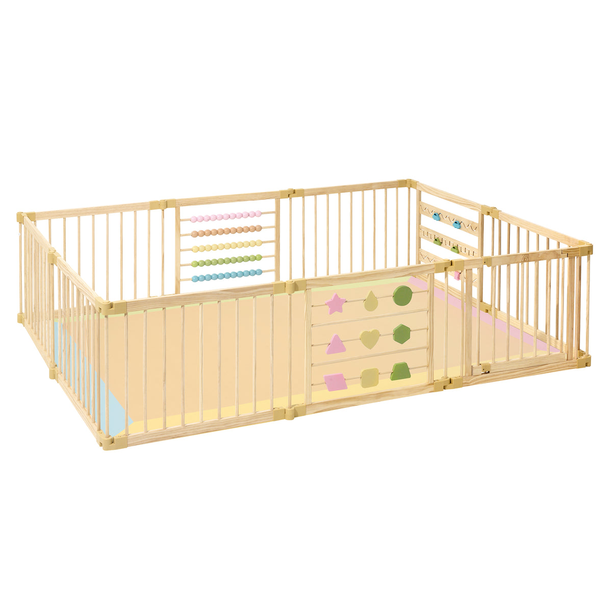 ZETY 10-panel natural wood baby playpen with a ZETY play mat inside