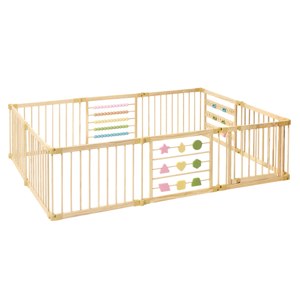 ZETY natural wood baby playpen, 10-panel foldable play yard with door panel and built-in toys