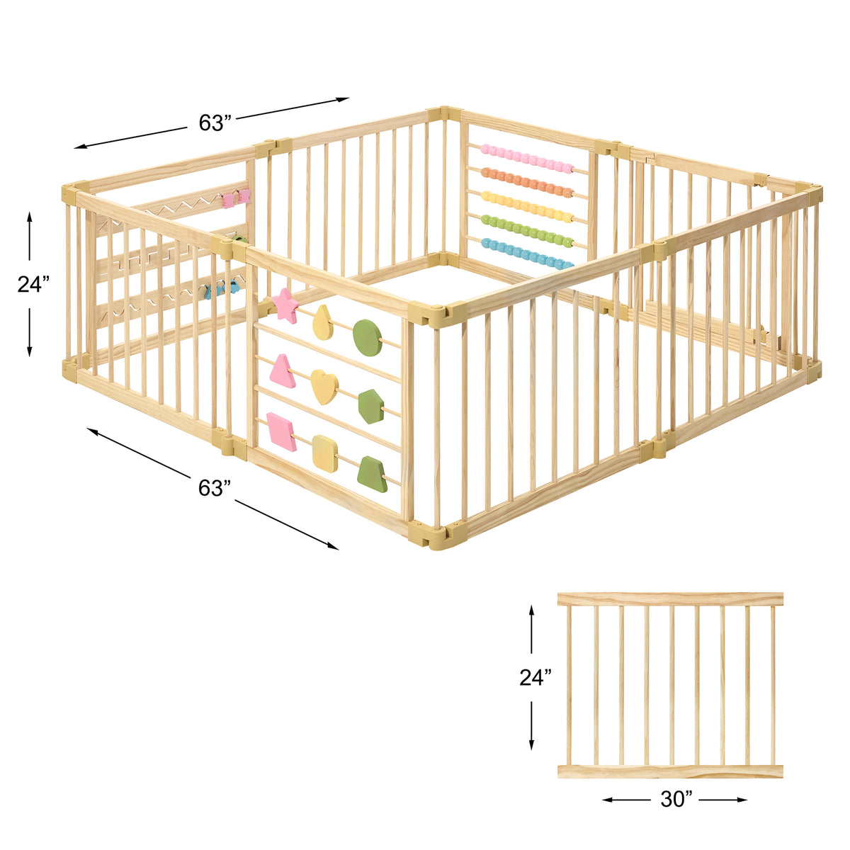 Foldable 8-panel wooden baby play yard in natural wood with a door panel, ZETY