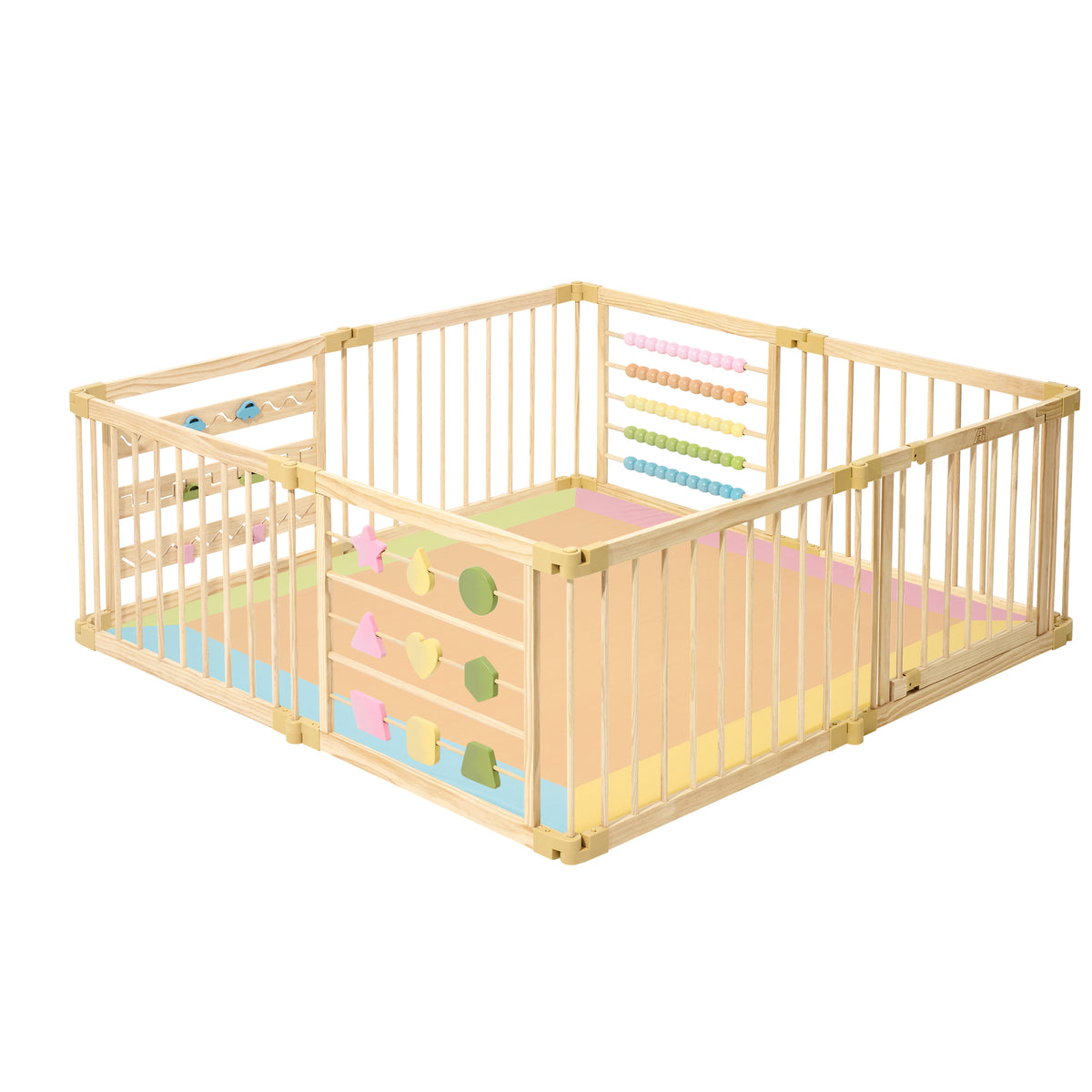 ZETY 8-panel natural wood baby playpen with a colorful ZETY play mat inside