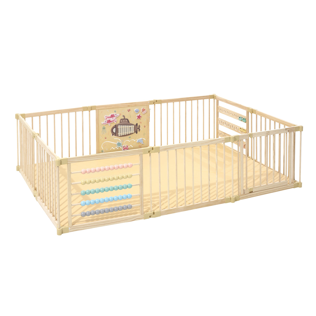 ZETY Under the Sea 10-panel wooden baby playpen with a ZETY play mat inside