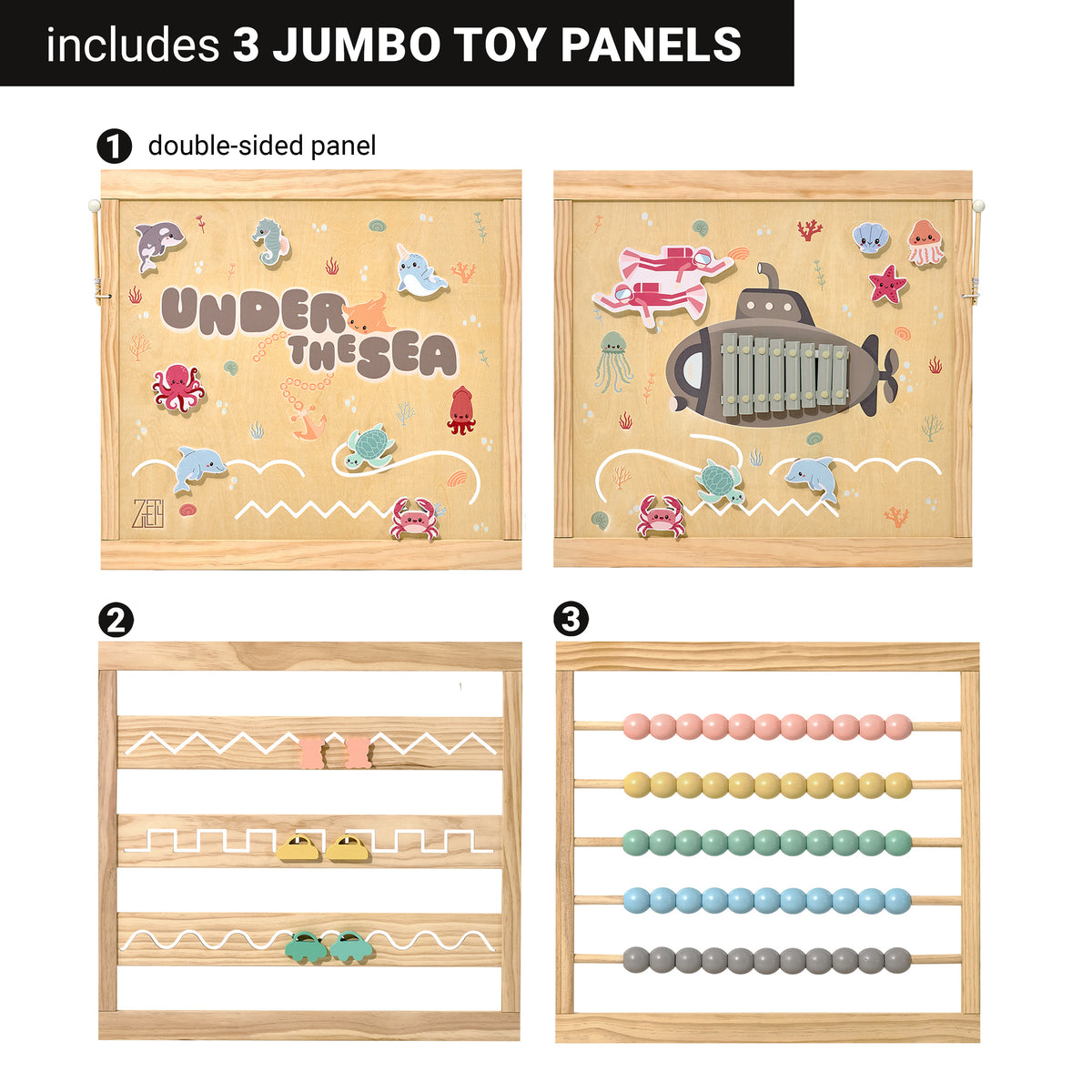 ZETY wooden play yard with Under the Sea toy panels, folds flat for storage